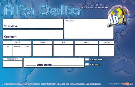 AD-kerhon kansainvälisen QSL-kortin takapuoli